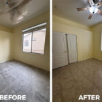 Before and after bedroom damage restoration with flooring and interior repairs in Tucson