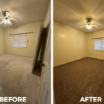 Before and after bedroom reconstruction with restored walls and flooring in Tucson
