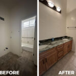 Before and after bathroom reconstruction with vanity, countertop and flooring in Tucson