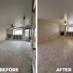 Before and after living room reconstruction and tile flooring restoration in Tucson