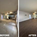 Before and after living room restoration with new flooring and wall repairs in Tucson